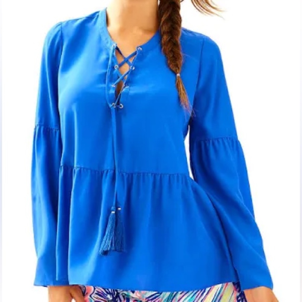 Lilly Pulitzer Milan Silk Lace Up Blouse in Brilliant Blue - Size XS